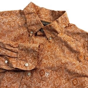 Ariat Mens Size M/M Orange White Paisley Print Button Down Long Sleeve Shirt